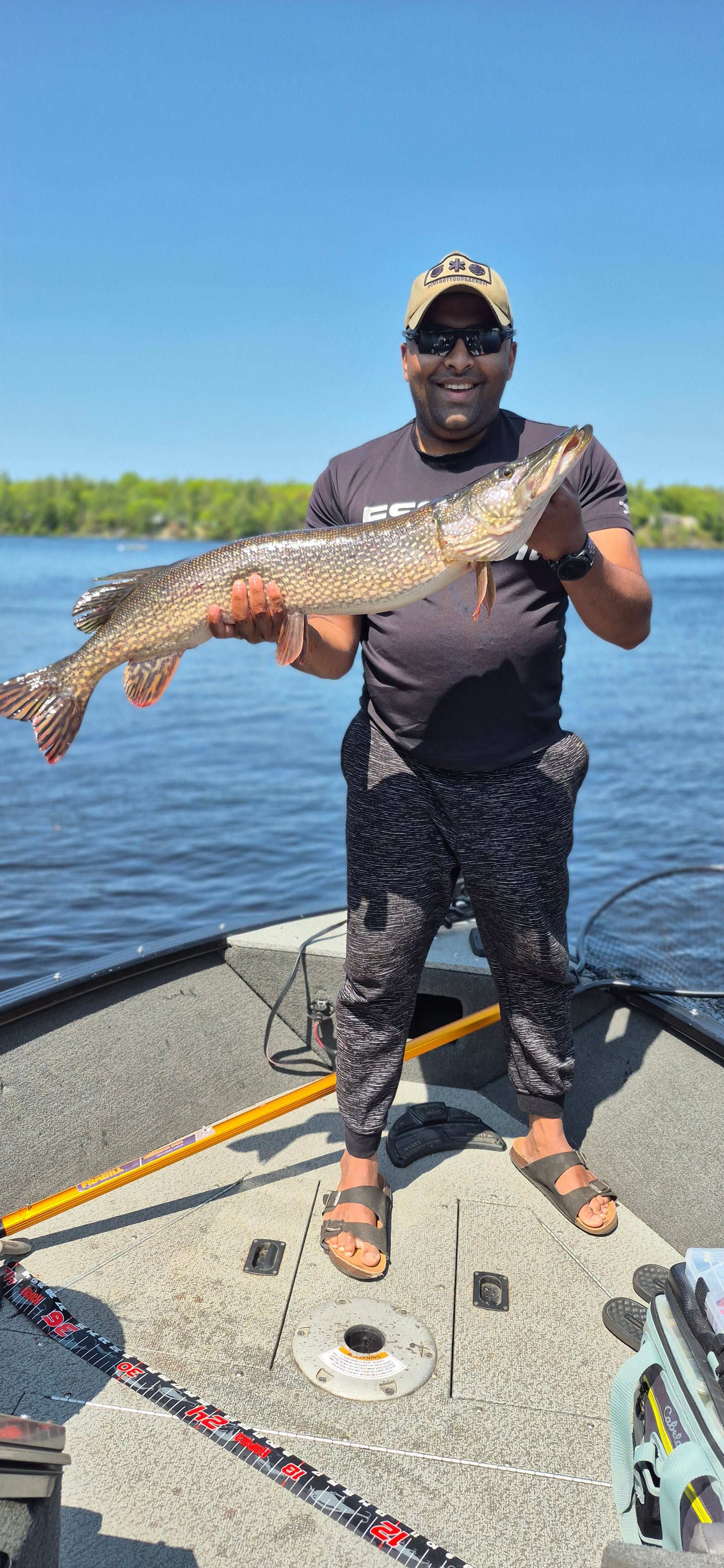 Person holding a large fish by a lake with a boat in the background